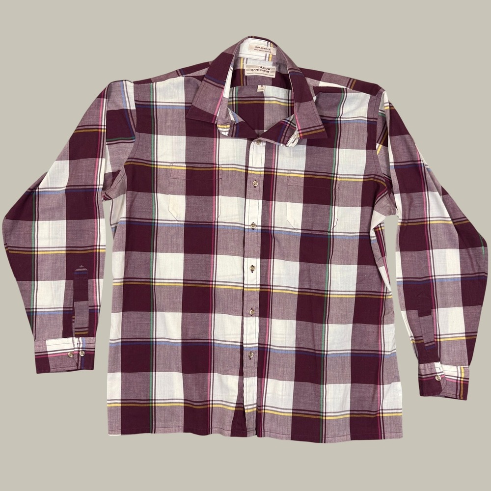 Vintage Arrow Boardwalk Shirt Men XL Purple Plaid Long Sleeve Casual Work 70s